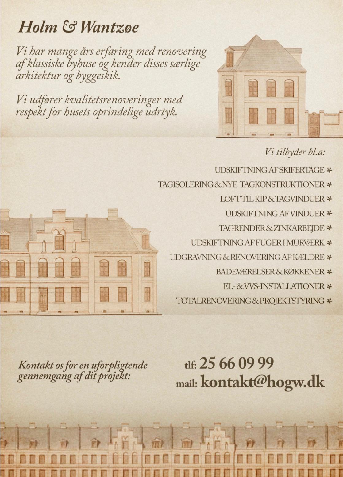 Det gamle brevark fra Holm & Wantzøe med håndtegnede klassiske byhuse